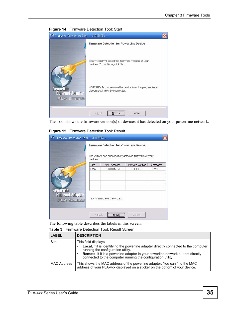 Table 3 firmware detection tool: result screen | ZyXEL Communications PLA-470 User Manual | Page 35 / 92