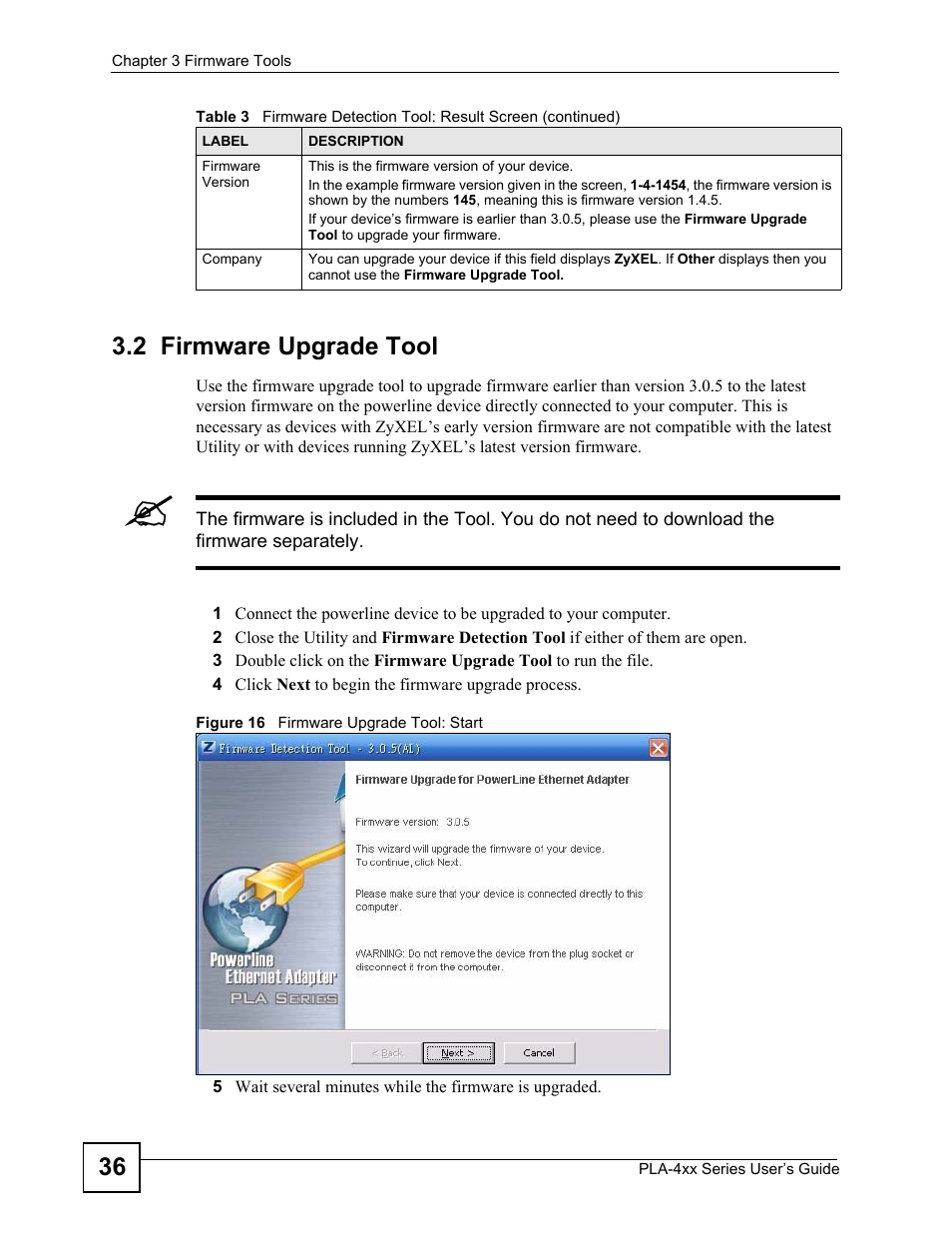2 firmware upgrade tool, Figure 16 firmware upgrade tool: start, 36 3.2 firmware upgrade tool | ZyXEL Communications PLA-470 User Manual | Page 36 / 92
