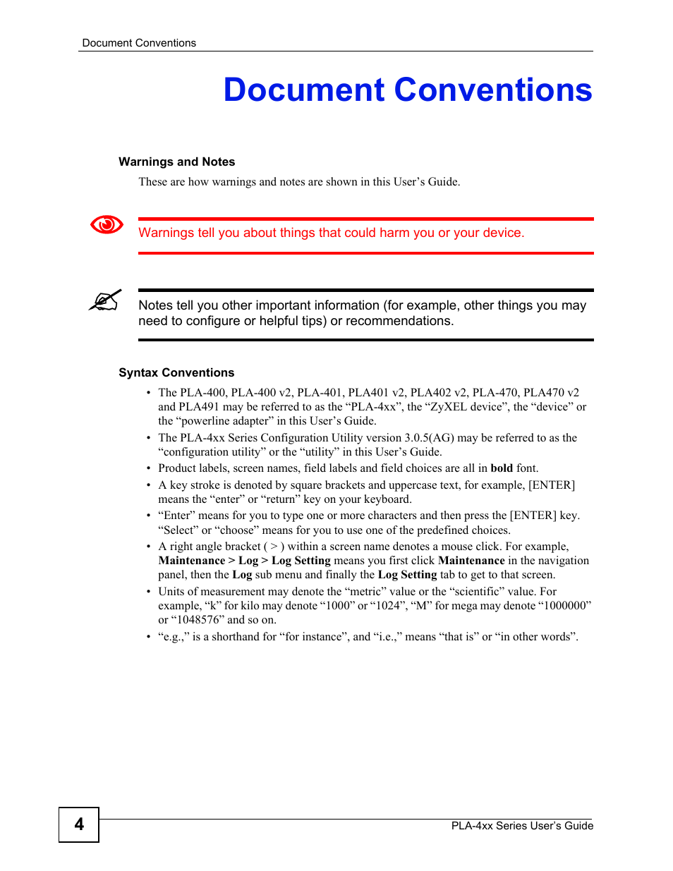 Document conventions | ZyXEL Communications PLA-470 User Manual | Page 4 / 92