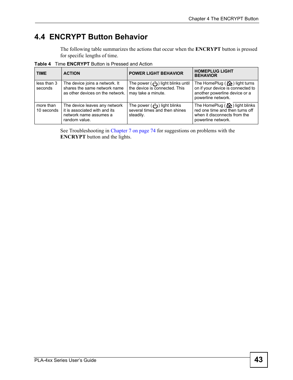 4 encrypt button behavior, Table 4 time, 43 4.4 encrypt button behavior | ZyXEL Communications PLA-470 User Manual | Page 43 / 92