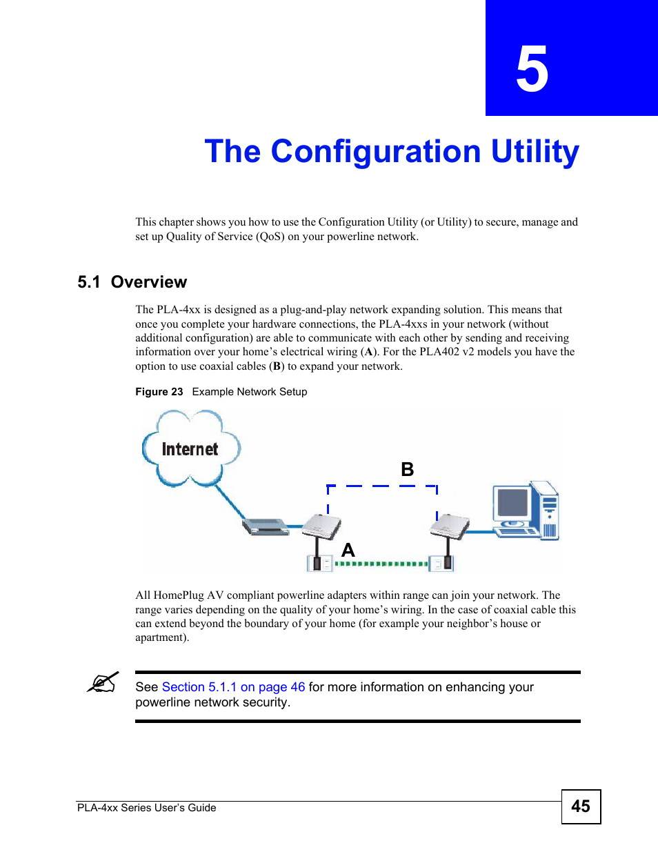 The configuration utility, 1 overview, Chapter 5 the configuration utility | Figure 23 example network setup, The configuration utility (45) | ZyXEL Communications PLA-470 User Manual | Page 45 / 92
