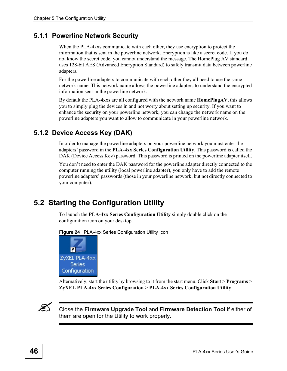 1 powerline network security, 2 device access key (dak), 2 starting the configuration utility | ZyXEL Communications PLA-470 User Manual | Page 46 / 92