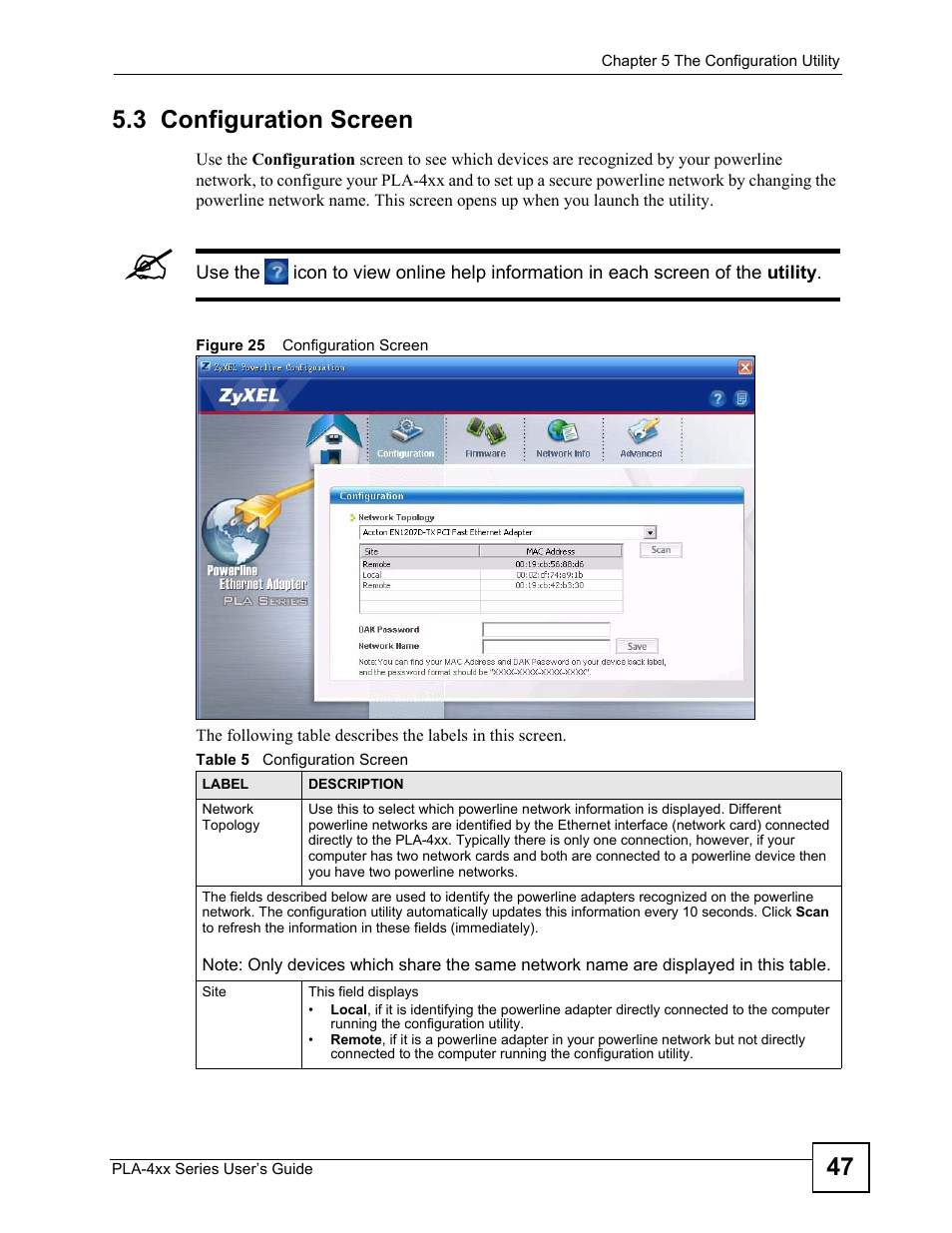 3 configuration screen, Table 5 configuration screen, Figure 25 configuration screen | Mmunicate in your network. see, For information, 47 5.3 configuration screen | ZyXEL Communications PLA-470 User Manual | Page 47 / 92