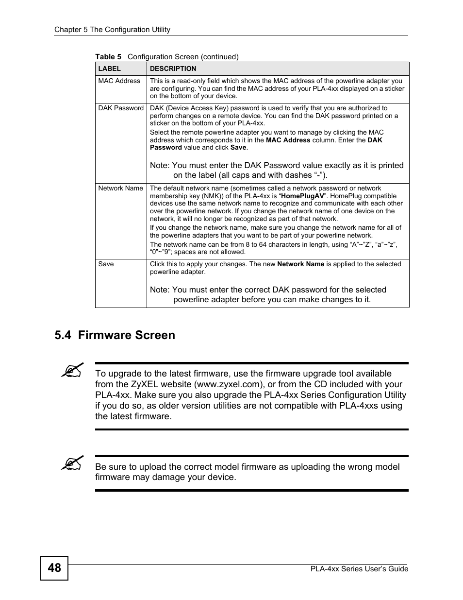 4 firmware screen, 48 5.4 firmware screen | ZyXEL Communications PLA-470 User Manual | Page 48 / 92
