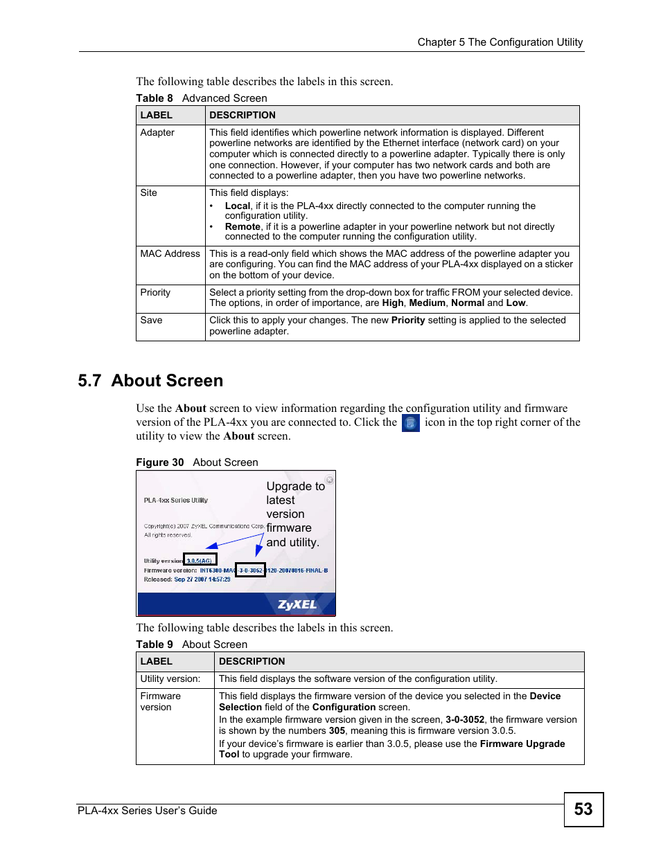 7 about screen, Table 8 advanced screen table 9 about screen, Figure 30 about screen | ZyXEL Communications PLA-470 User Manual | Page 53 / 92