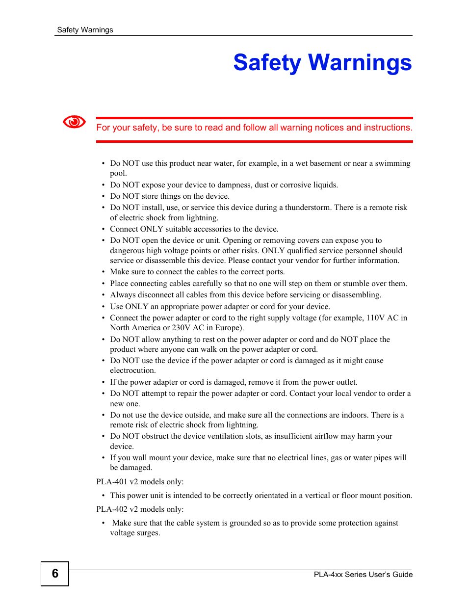 Safety warnings | ZyXEL Communications PLA-470 User Manual | Page 6 / 92