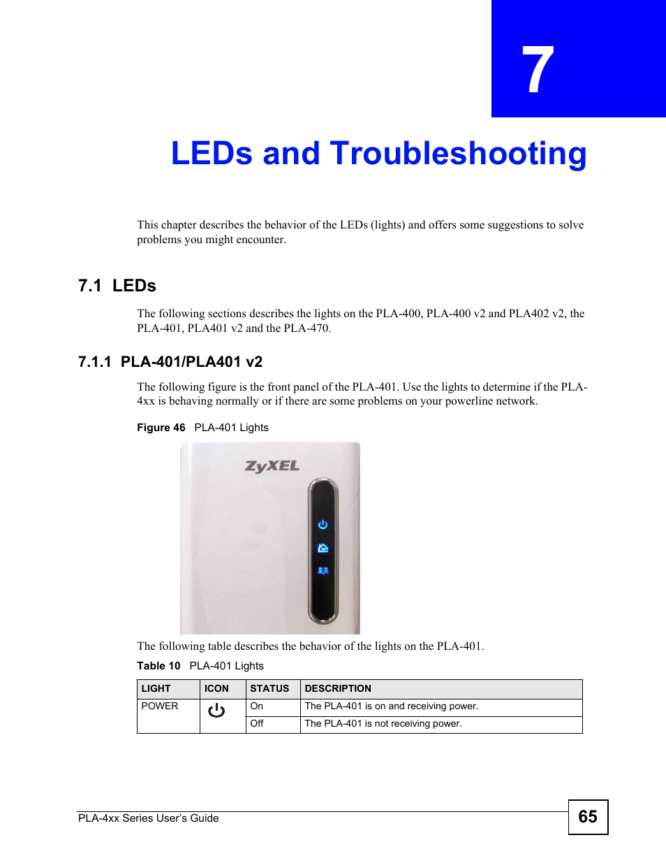 Leds and troubleshooting, 1 leds, 1 pla-401/pla401 v2 | Chapter 7 leds and troubleshooting, Table 10 pla-401 lights, Figure 46 pla-401 lights, Leds and troubleshooting (65) | ZyXEL Communications PLA-470 User Manual | Page 65 / 92