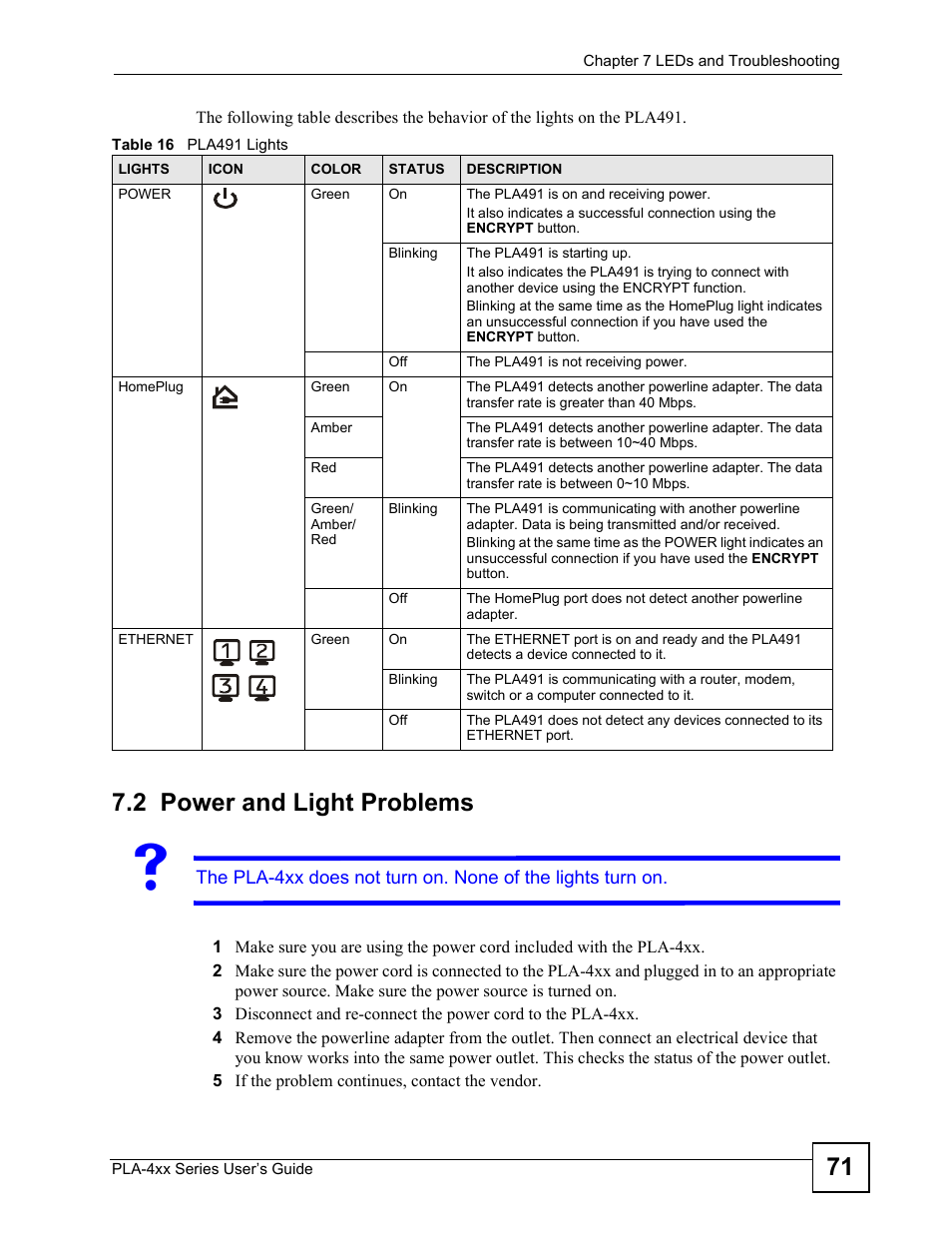 2 power and light problems, Table 16 pla491 lights | ZyXEL Communications PLA-470 User Manual | Page 71 / 92