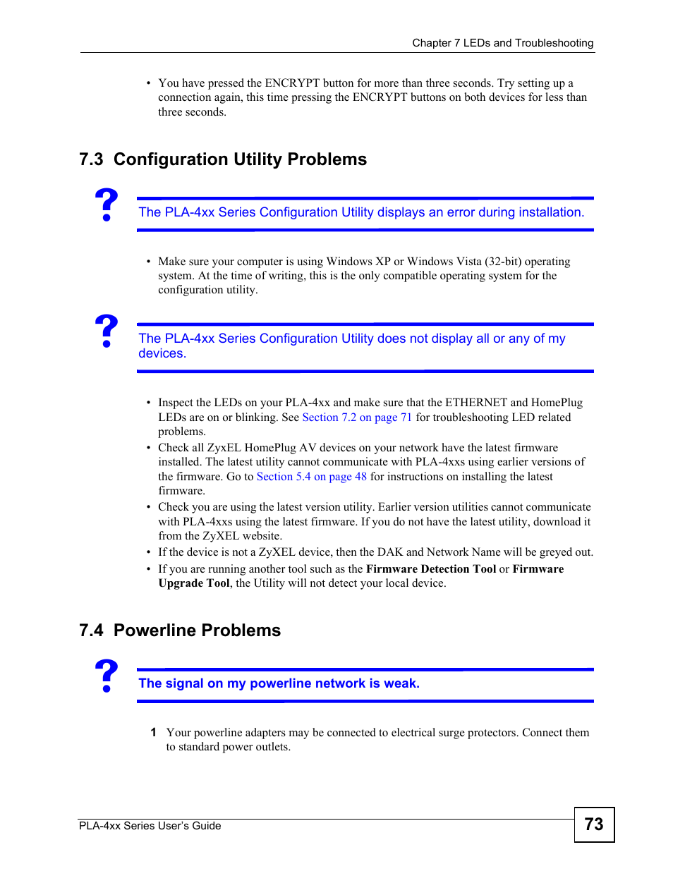 3 configuration utility problems, 4 powerline problems | ZyXEL Communications PLA-470 User Manual | Page 73 / 92