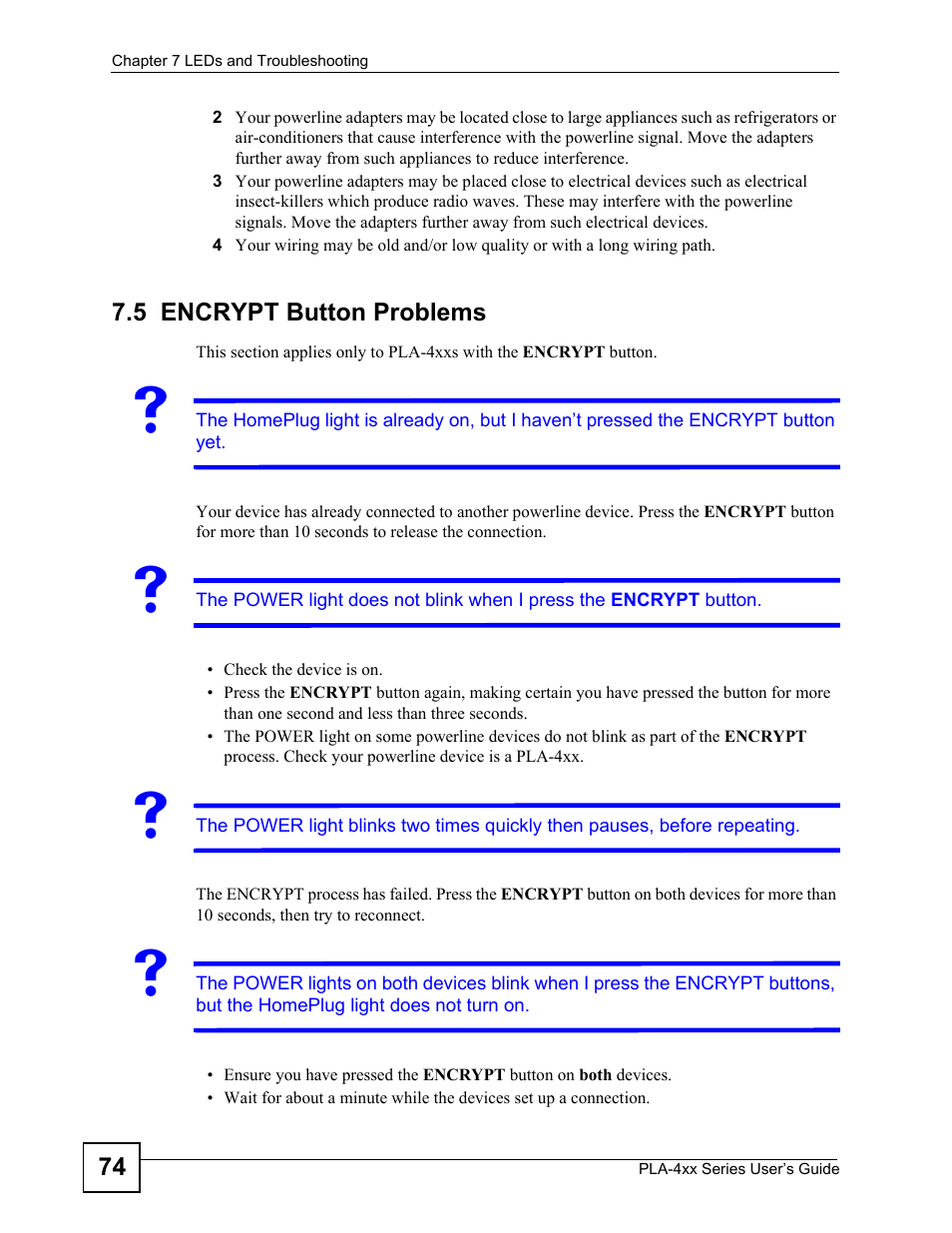 5 encrypt button problems | ZyXEL Communications PLA-470 User Manual | Page 74 / 92