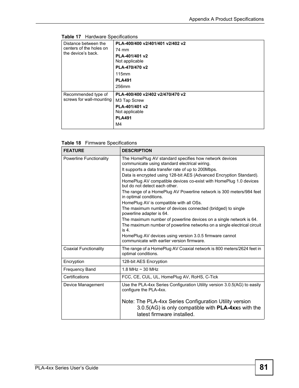 Table 18 firmware specifications | ZyXEL Communications PLA-470 User Manual | Page 81 / 92