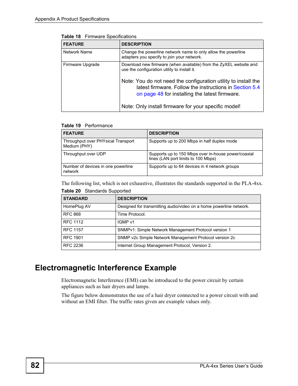 Table 19 performance table 20 standards supported, Electromagnetic, Interference example | Electromagnetic interference example | ZyXEL Communications PLA-470 User Manual | Page 82 / 92
