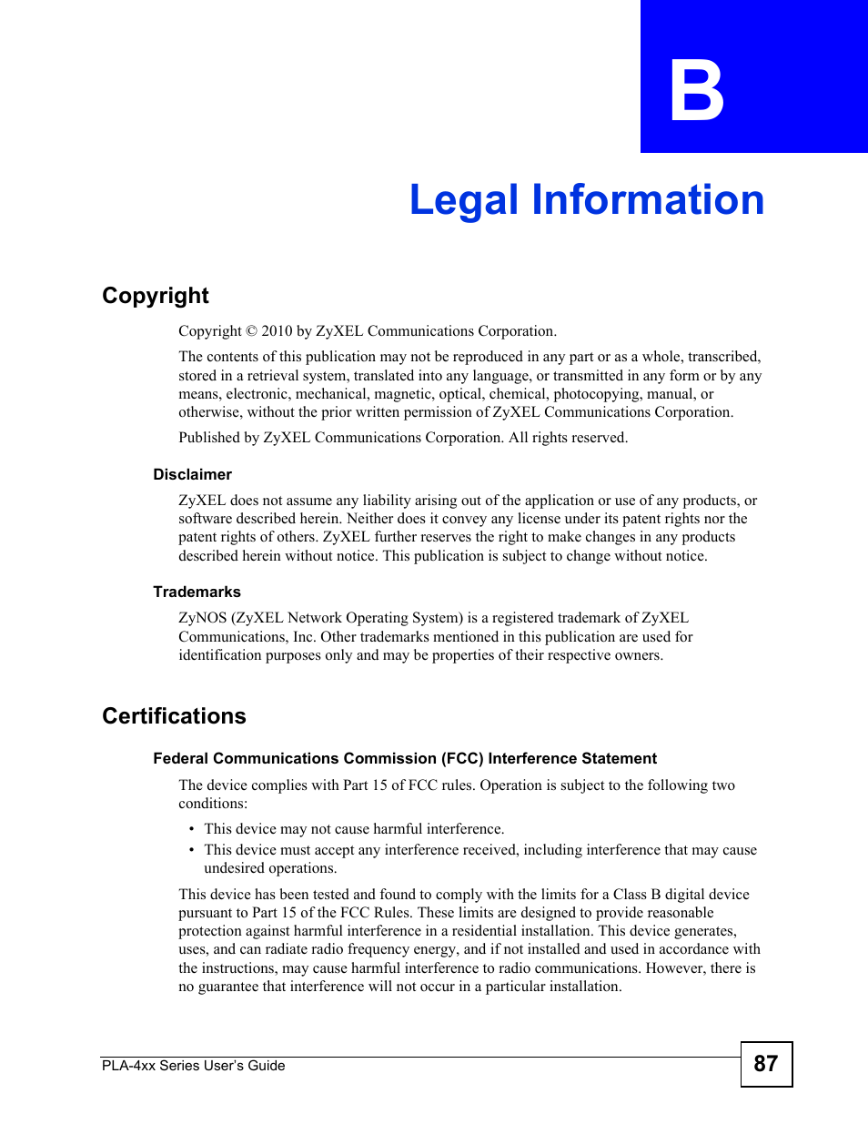 Legal information, Appendix b legal information | ZyXEL Communications PLA-470 User Manual | Page 87 / 92