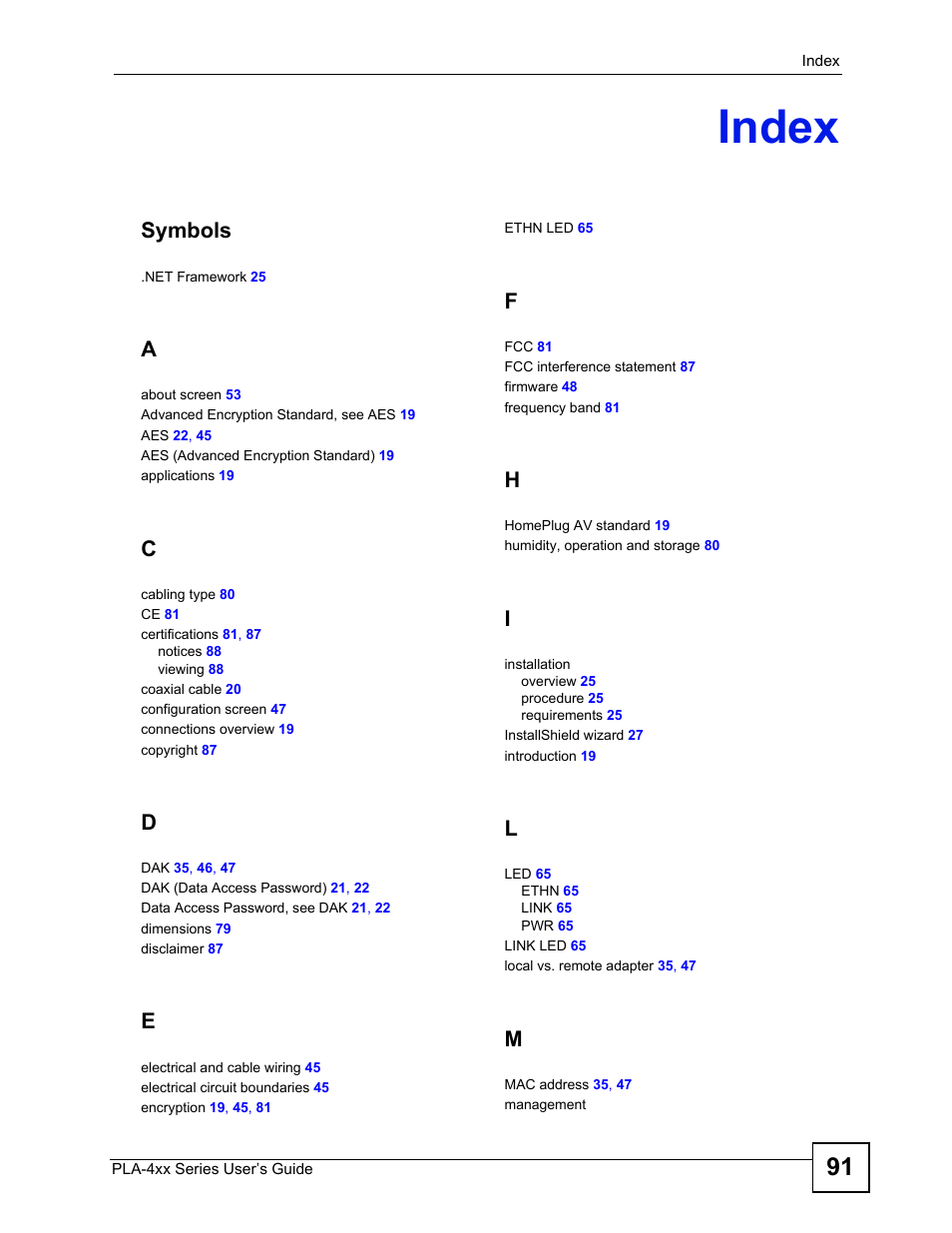 Index, Symbols | ZyXEL Communications PLA-470 User Manual | Page 91 / 92