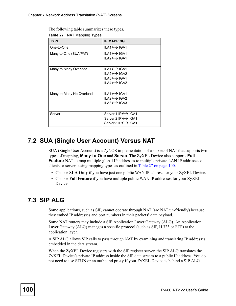 2 sua (single user account) versus nat, 3 sip alg, 2 sua (single user account) versus nat 7.3 sip alg | Table 27 nat mapping types | ZyXEL Communications P-660H-Tx v2 User Manual | Page 100 / 312