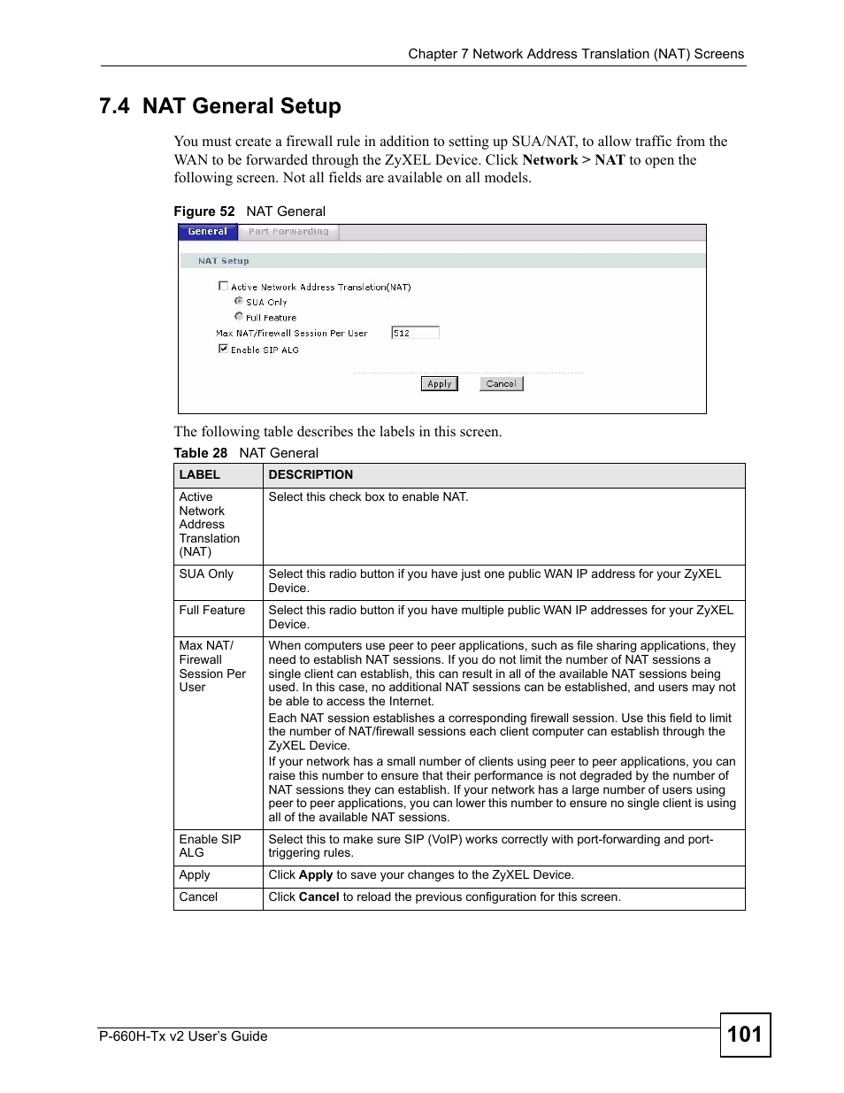 4 nat general setup, Figure 52 nat general, Table 28 nat general | ZyXEL Communications P-660H-Tx v2 User Manual | Page 101 / 312