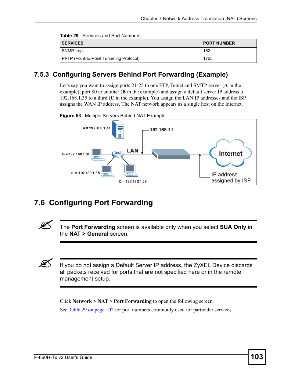 6 configuring port forwarding, Figure 53 multiple servers behind nat example | ZyXEL Communications P-660H-Tx v2 User Manual | Page 103 / 312