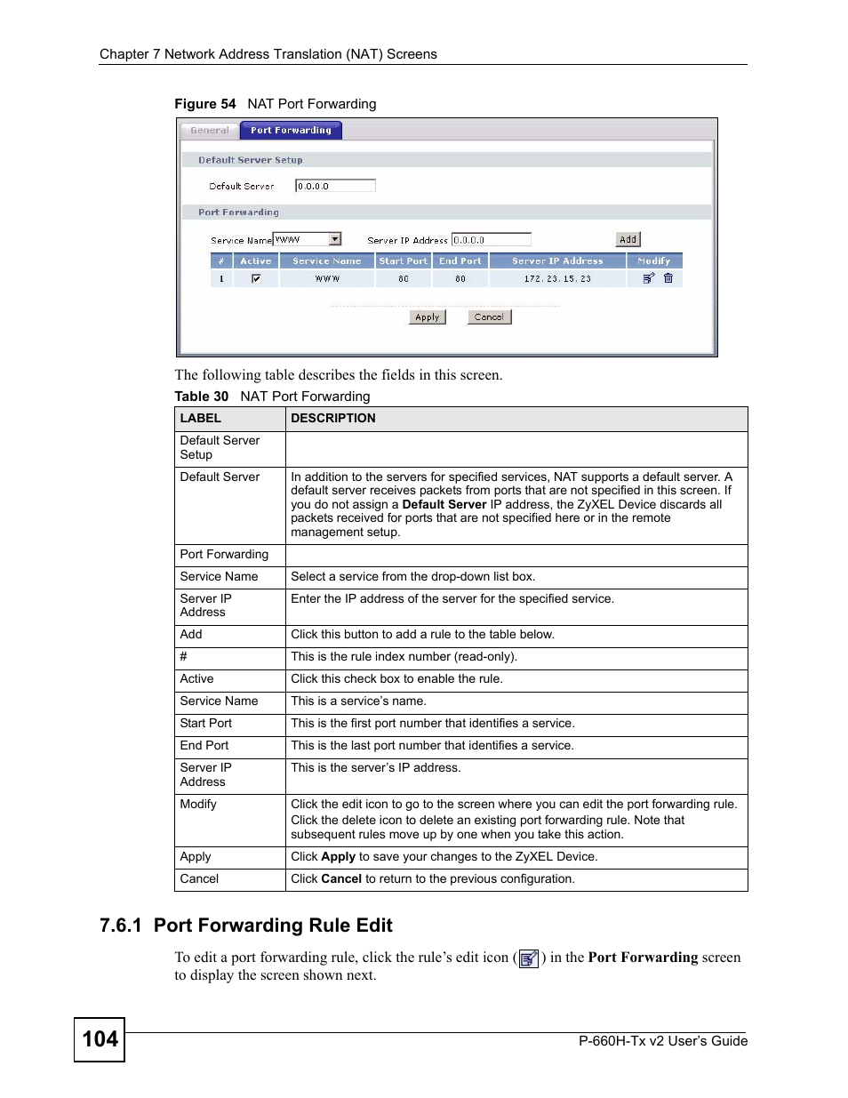 1 port forwarding rule edit, Figure 54 nat port forwarding, Table 30 nat port forwarding | ZyXEL Communications P-660H-Tx v2 User Manual | Page 104 / 312