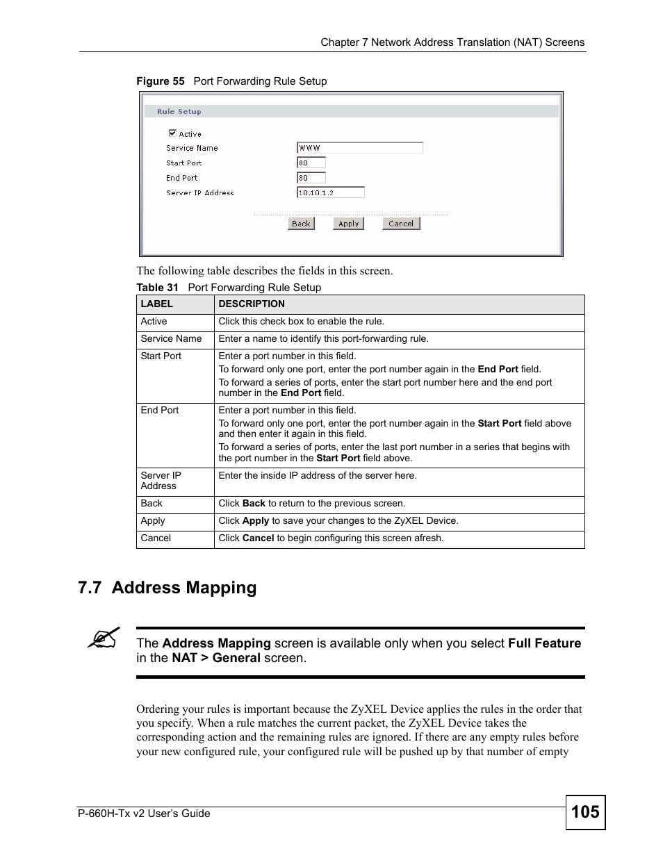 7 address mapping, Figure 55 port forwarding rule setup, Table 31 port forwarding rule setup | ZyXEL Communications P-660H-Tx v2 User Manual | Page 105 / 312