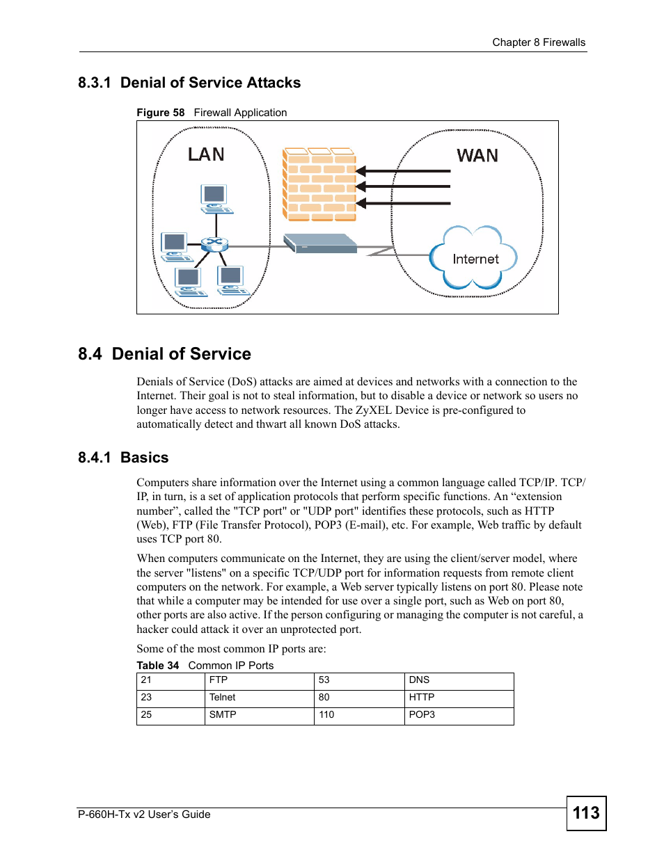 1 denial of service attacks, 4 denial of service, 1 basics | Figure 58 firewall application, Table 34 common ip ports | ZyXEL Communications P-660H-Tx v2 User Manual | Page 113 / 312