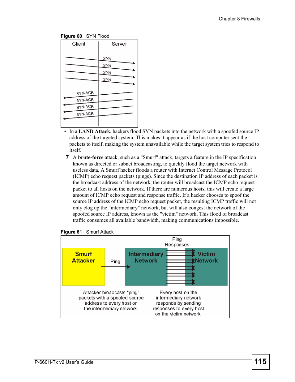 Figure 60 syn flood figure 61 smurf attack | ZyXEL Communications P-660H-Tx v2 User Manual | Page 115 / 312