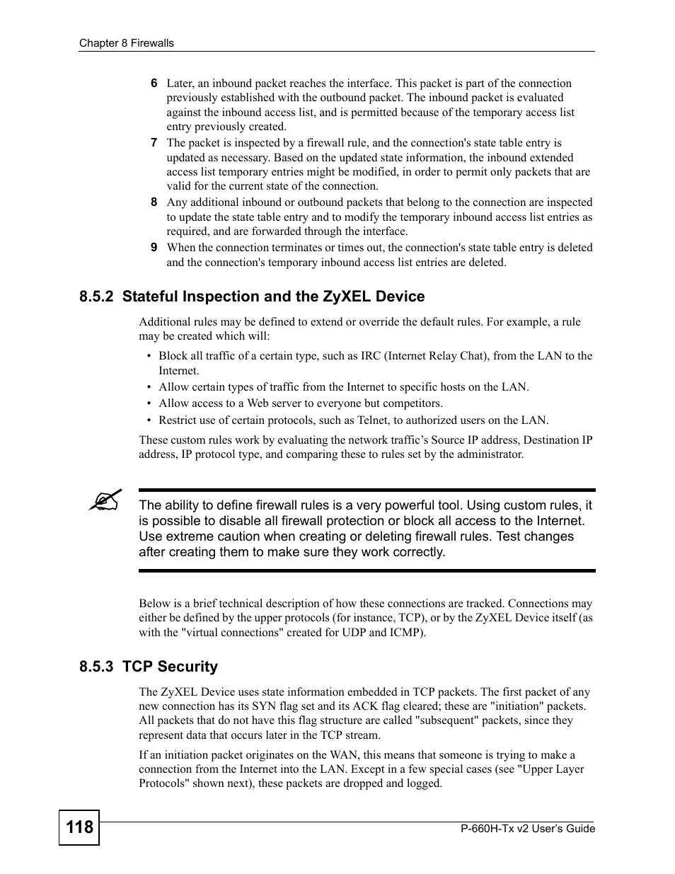 2 stateful inspection and the zyxel device, 3 tcp security | ZyXEL Communications P-660H-Tx v2 User Manual | Page 118 / 312