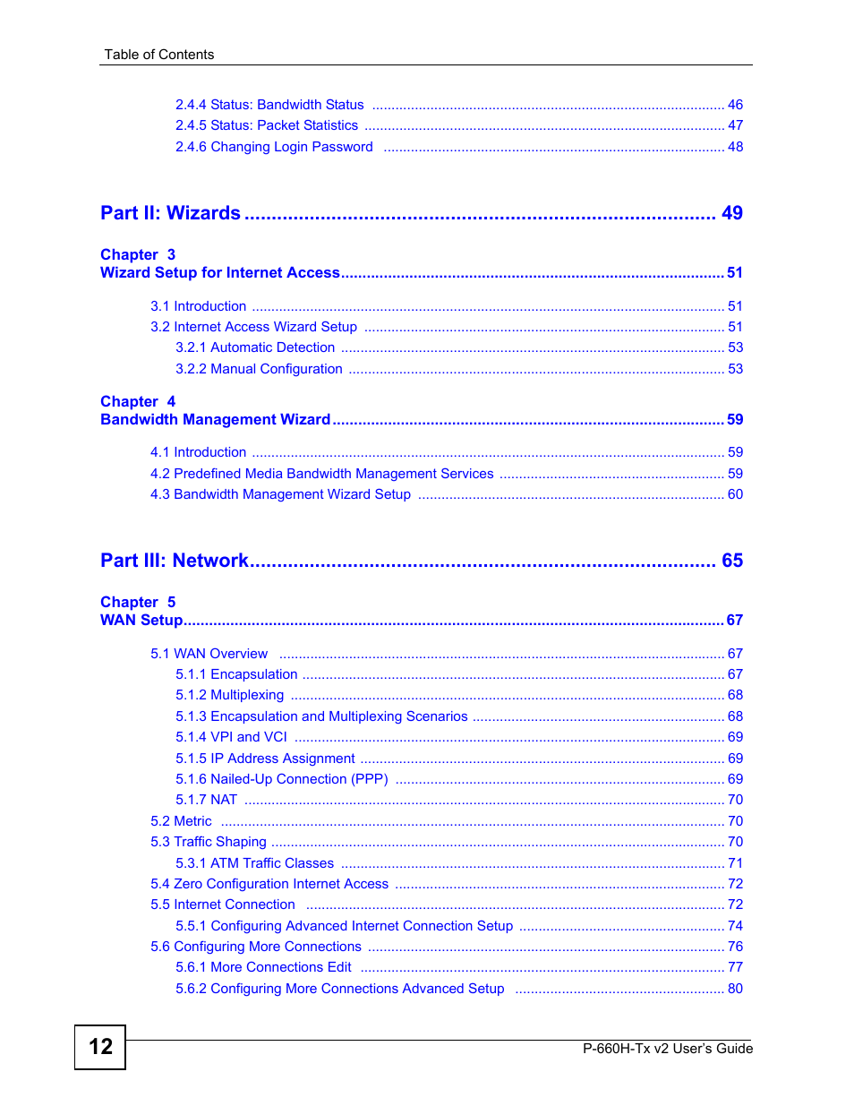 Part ii: wizards, Part iii: network | ZyXEL Communications P-660H-Tx v2 User Manual | Page 12 / 312