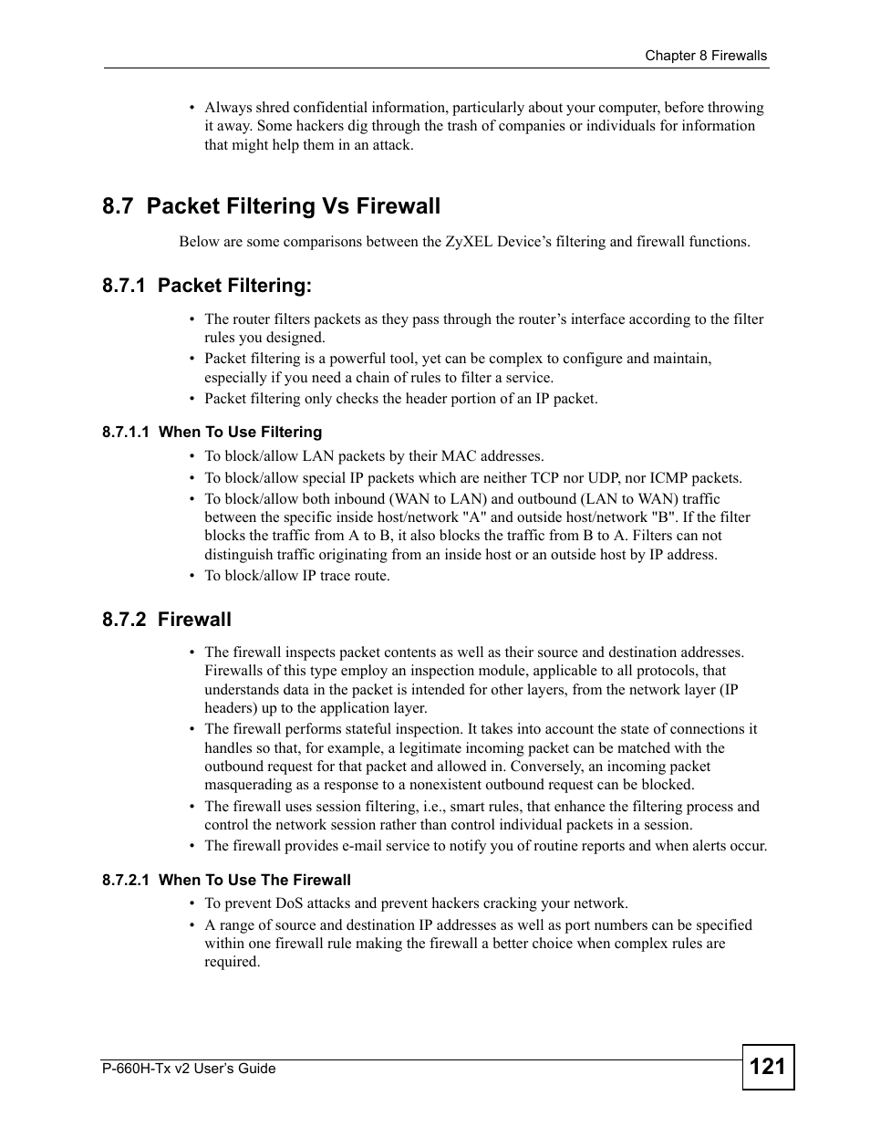 7 packet filtering vs firewall, 1 packet filtering, 2 firewall | 1 packet filtering: 8.7.2 firewall | ZyXEL Communications P-660H-Tx v2 User Manual | Page 121 / 312