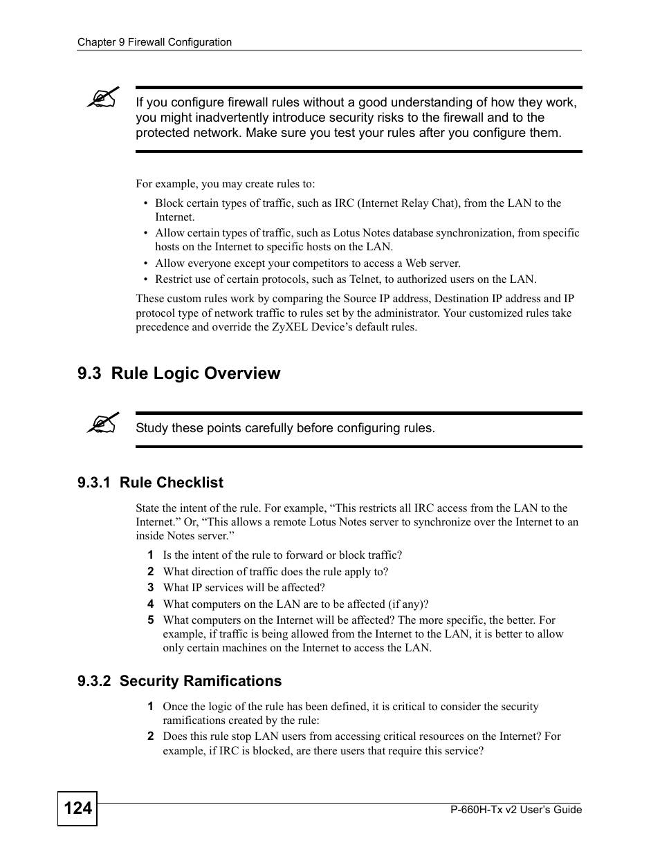 3 rule logic overview, 1 rule checklist, 2 security ramifications | 1 rule checklist 9.3.2 security ramifications | ZyXEL Communications P-660H-Tx v2 User Manual | Page 124 / 312