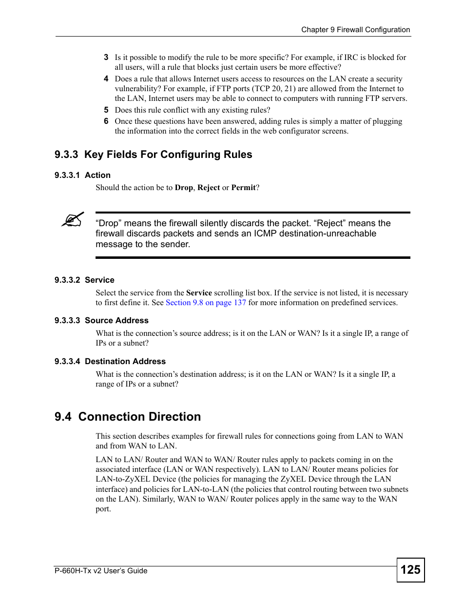 3 key fields for configuring rules, 4 connection direction | ZyXEL Communications P-660H-Tx v2 User Manual | Page 125 / 312