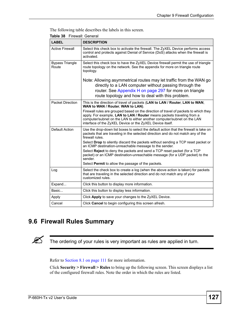 6 firewall rules summary, Table 38 firewall: general, Refer to | ZyXEL Communications P-660H-Tx v2 User Manual | Page 127 / 312