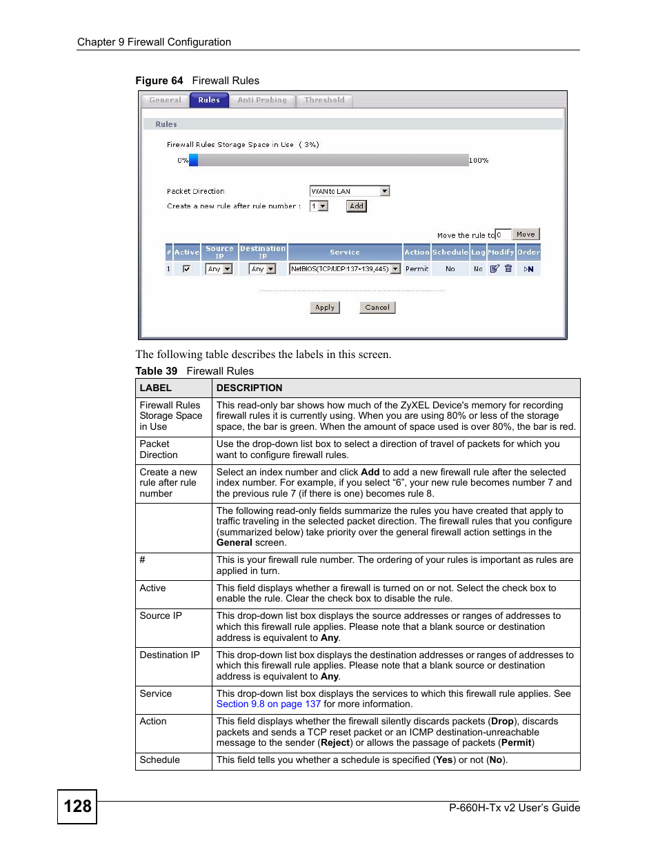 Figure 64 firewall rules, Table 39 firewall rules | ZyXEL Communications P-660H-Tx v2 User Manual | Page 128 / 312