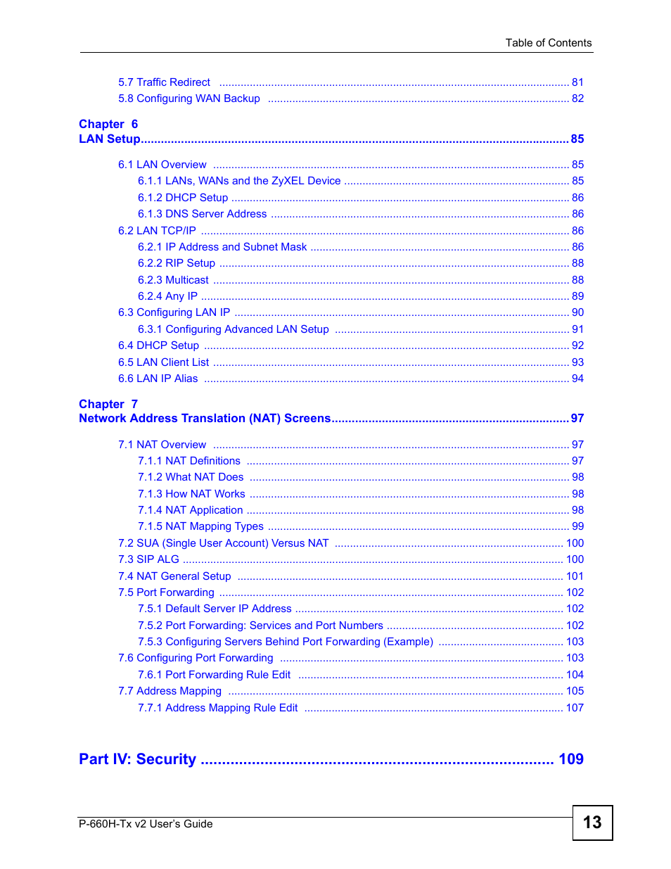 Part iv: security | ZyXEL Communications P-660H-Tx v2 User Manual | Page 13 / 312