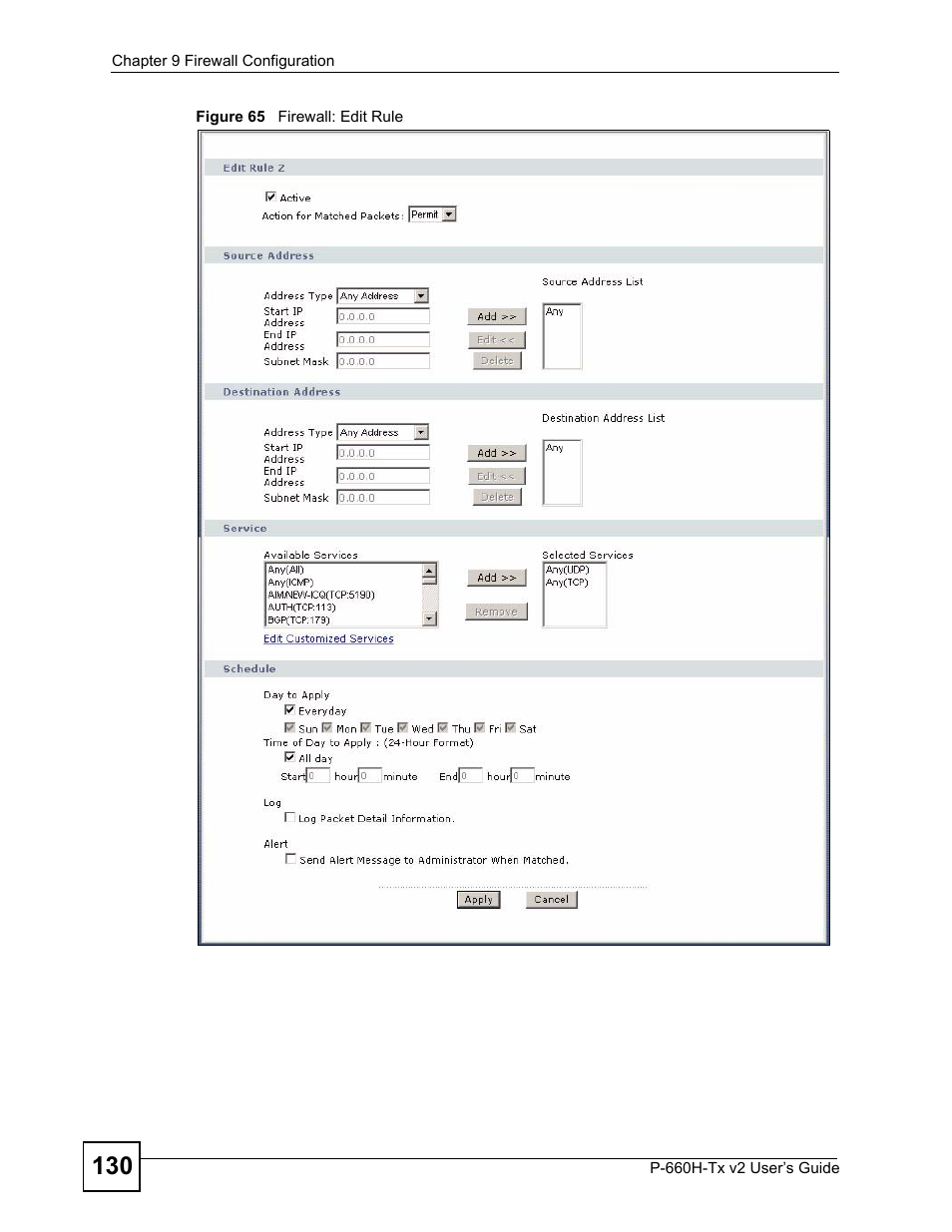 Figure 65 firewall: edit rule, Figure 65 | ZyXEL Communications P-660H-Tx v2 User Manual | Page 130 / 312
