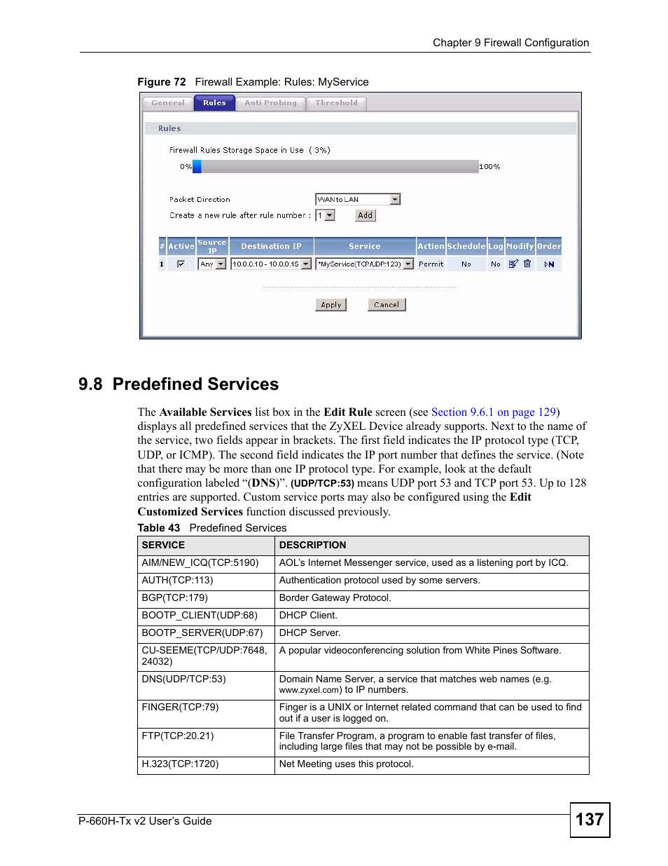 8 predefined services, Figure 72 firewall example: rules: myservice, Table 43 predefined services | ZyXEL Communications P-660H-Tx v2 User Manual | Page 137 / 312