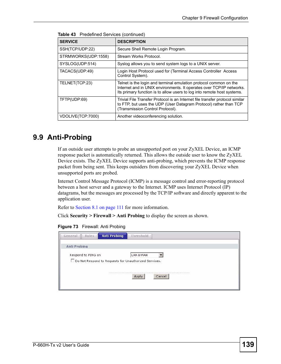 9 anti-probing, Figure 73 firewall: anti probing | ZyXEL Communications P-660H-Tx v2 User Manual | Page 139 / 312