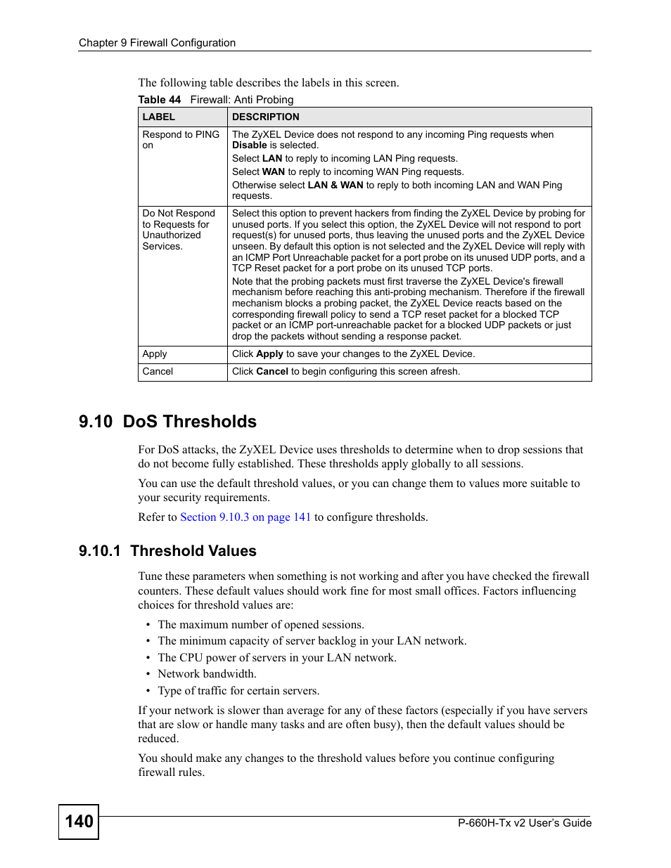 10 dos thresholds, 1 threshold values, Table 44 firewall: anti probing | ZyXEL Communications P-660H-Tx v2 User Manual | Page 140 / 312