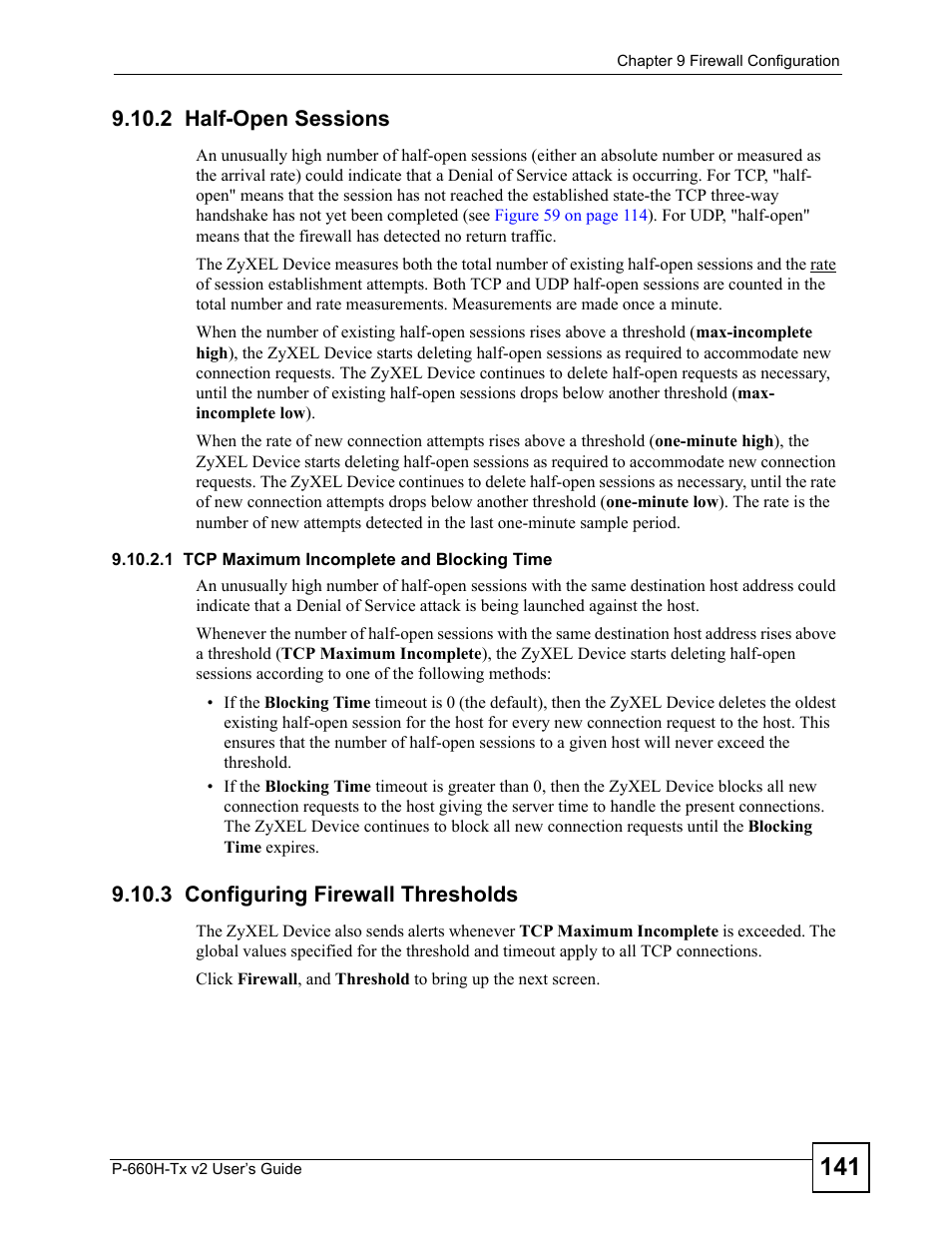 2 half-open sessions, 3 configuring firewall thresholds, Refer to | ZyXEL Communications P-660H-Tx v2 User Manual | Page 141 / 312