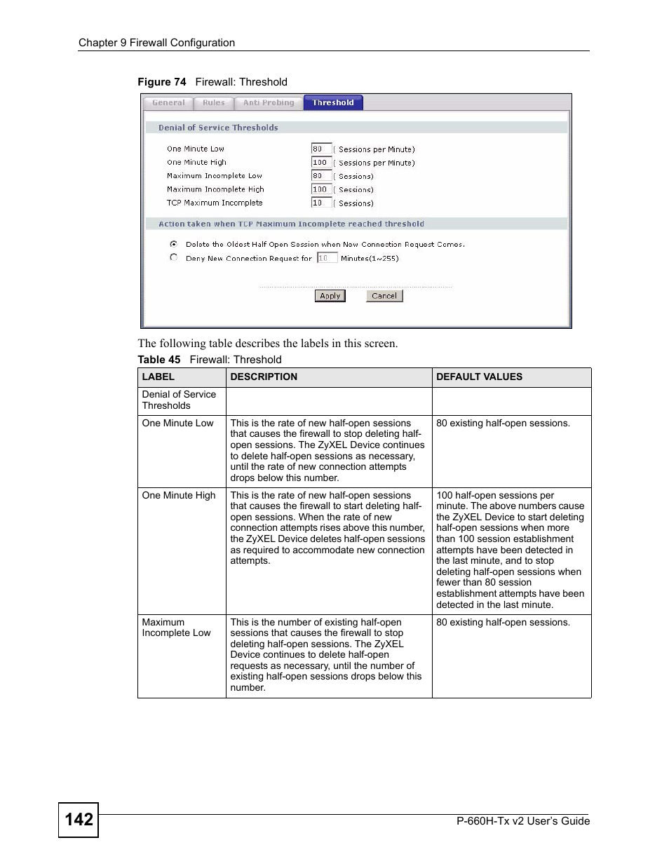 Figure 74 firewall: threshold, Table 45 firewall: threshold | ZyXEL Communications P-660H-Tx v2 User Manual | Page 142 / 312