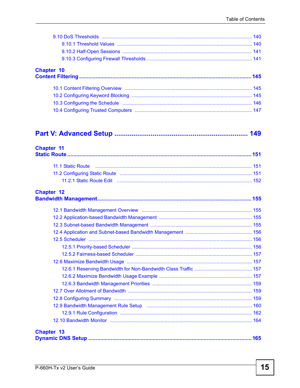 Part v: advanced setup | ZyXEL Communications P-660H-Tx v2 User Manual | Page 15 / 312