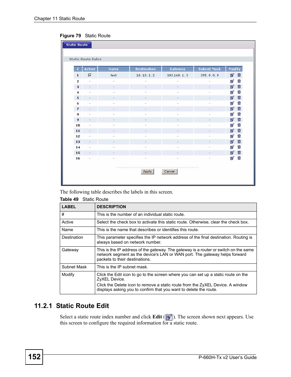 1 static route edit, Figure 79 static route, Table 49 static route | ZyXEL Communications P-660H-Tx v2 User Manual | Page 152 / 312