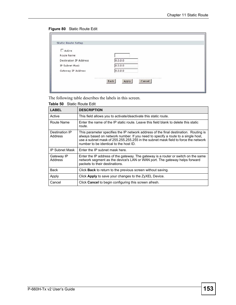 Figure 80 static route edit, Table 50 static route edit | ZyXEL Communications P-660H-Tx v2 User Manual | Page 153 / 312