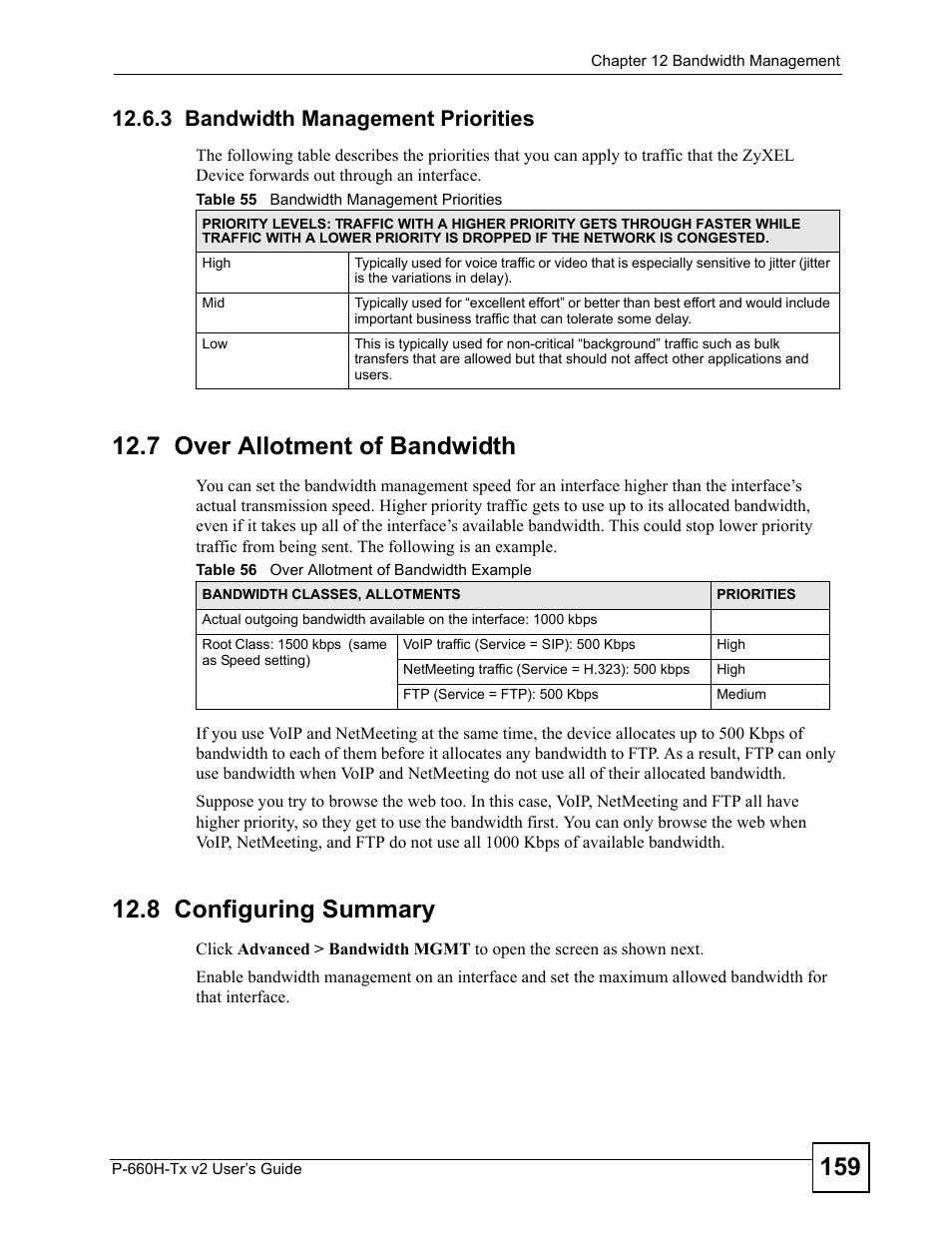3 bandwidth management priorities, 7 over allotment of bandwidth, 8 configuring summary | ZyXEL Communications P-660H-Tx v2 User Manual | Page 159 / 312