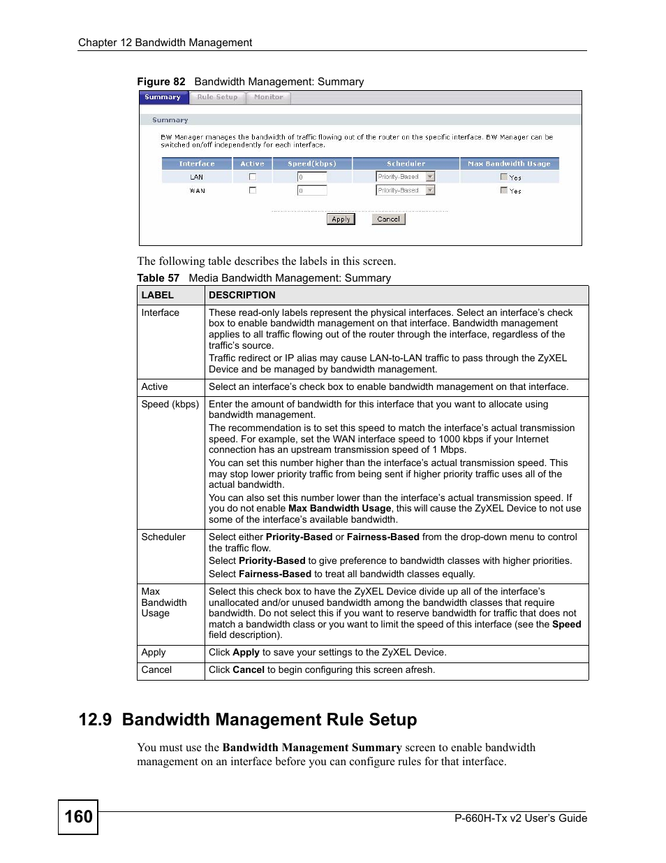 9 bandwidth management rule setup, Figure 82 bandwidth management: summary, Table 57 media bandwidth management: summary | ZyXEL Communications P-660H-Tx v2 User Manual | Page 160 / 312