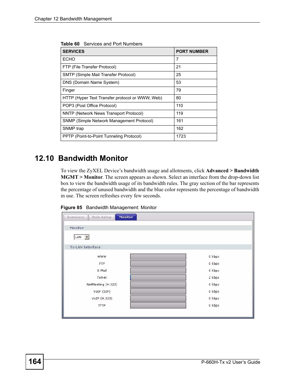 10 bandwidth monitor, Figure 85 bandwidth management: monitor, Table 60 services and port numbers | ZyXEL Communications P-660H-Tx v2 User Manual | Page 164 / 312