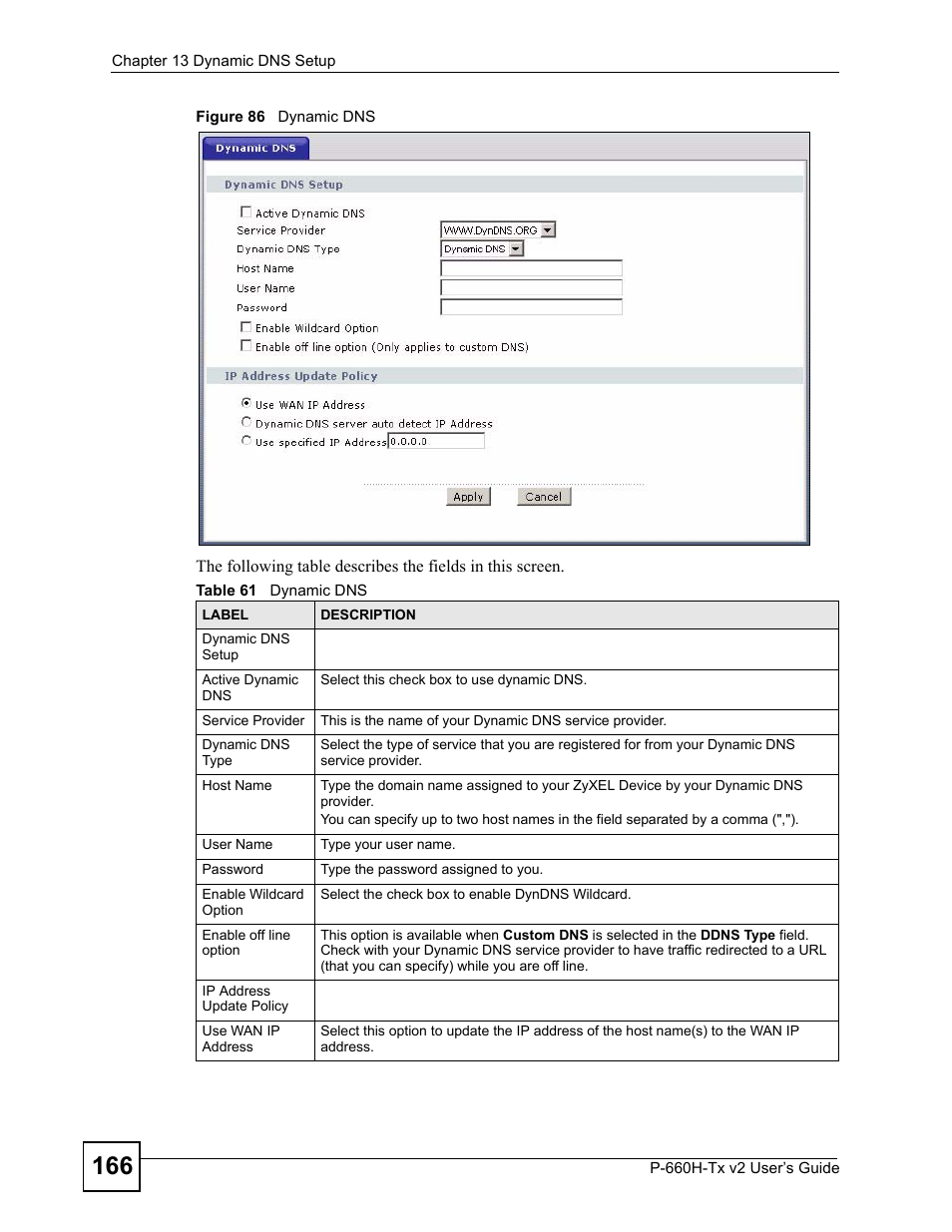 Figure 86 dynamic dns, Table 61 dynamic dns | ZyXEL Communications P-660H-Tx v2 User Manual | Page 166 / 312