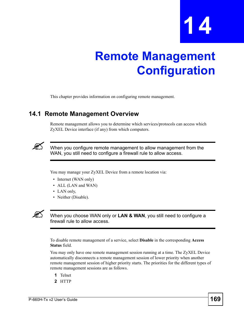 Remote management configuration, 1 remote management overview, Chapter 14 remote management configuration | Remote management configuration (169) | ZyXEL Communications P-660H-Tx v2 User Manual | Page 169 / 312
