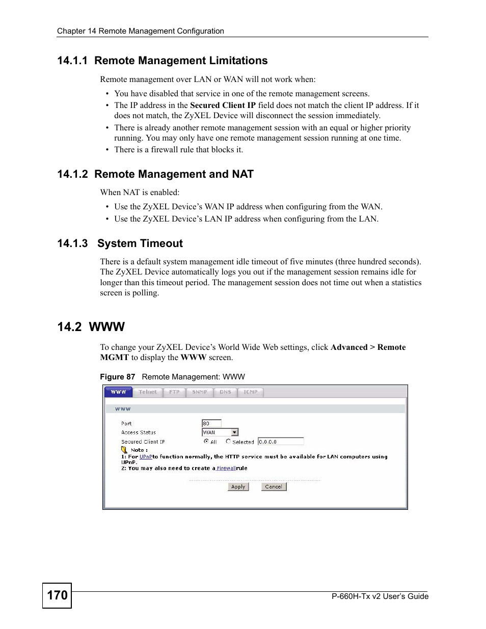 1 remote management limitations, 2 remote management and nat, 3 system timeout | 2 www, Figure 87 remote management: www | ZyXEL Communications P-660H-Tx v2 User Manual | Page 170 / 312