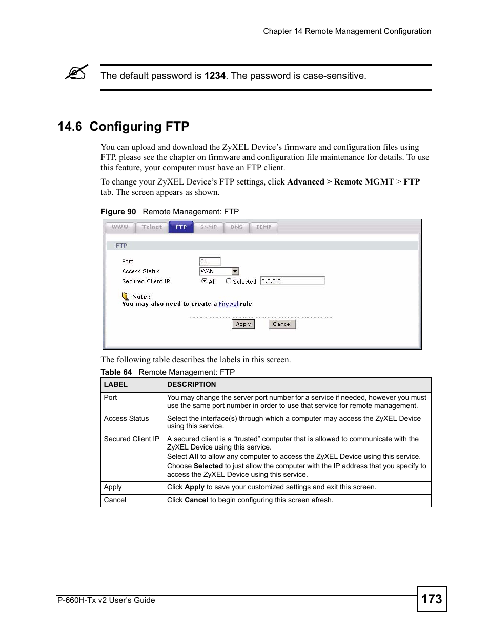 6 configuring ftp, Figure 90 remote management: ftp, Table 64 remote management: ftp | ZyXEL Communications P-660H-Tx v2 User Manual | Page 173 / 312