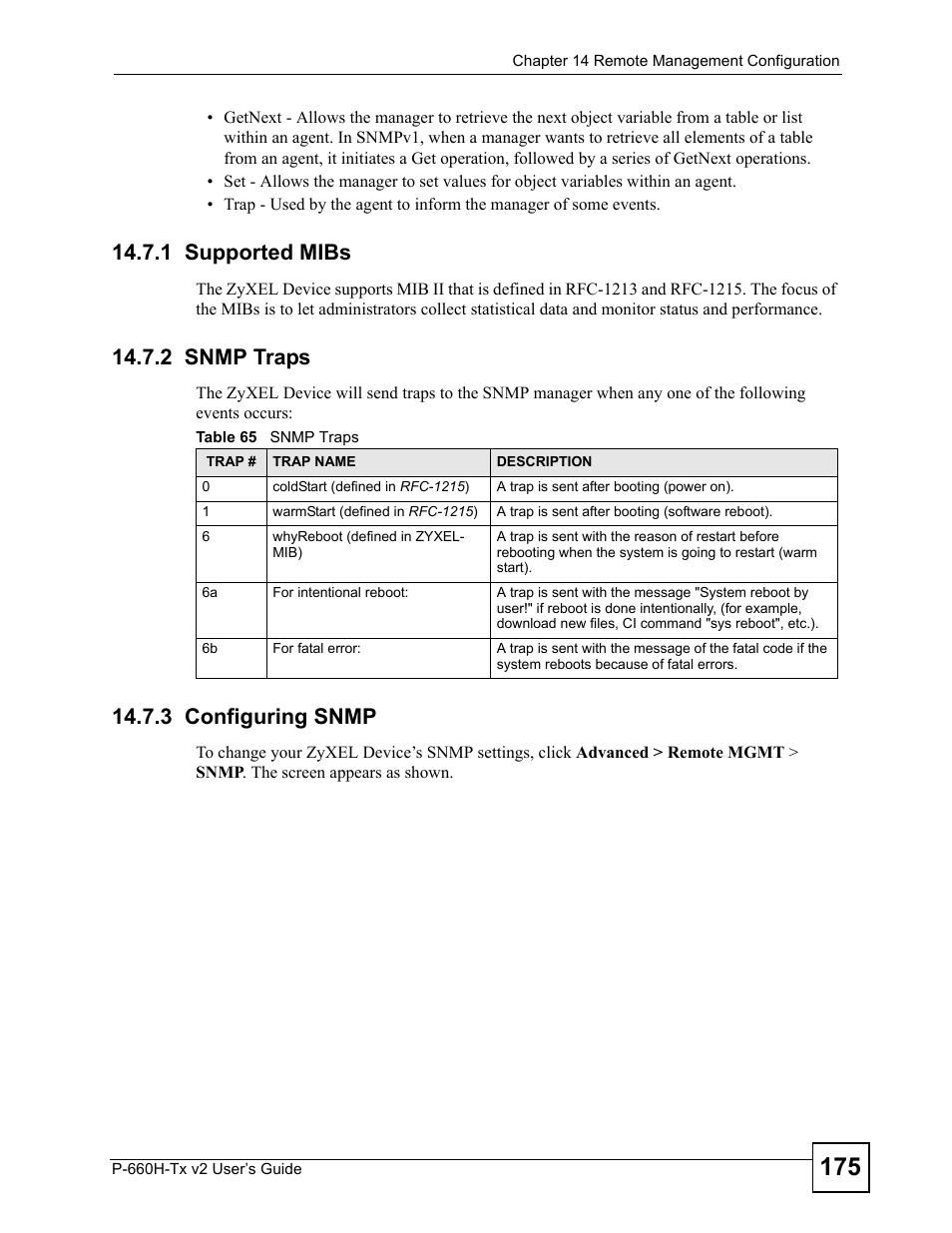 1 supported mibs, 2 snmp traps, 3 configuring snmp | Table 65 snmp traps | ZyXEL Communications P-660H-Tx v2 User Manual | Page 175 / 312